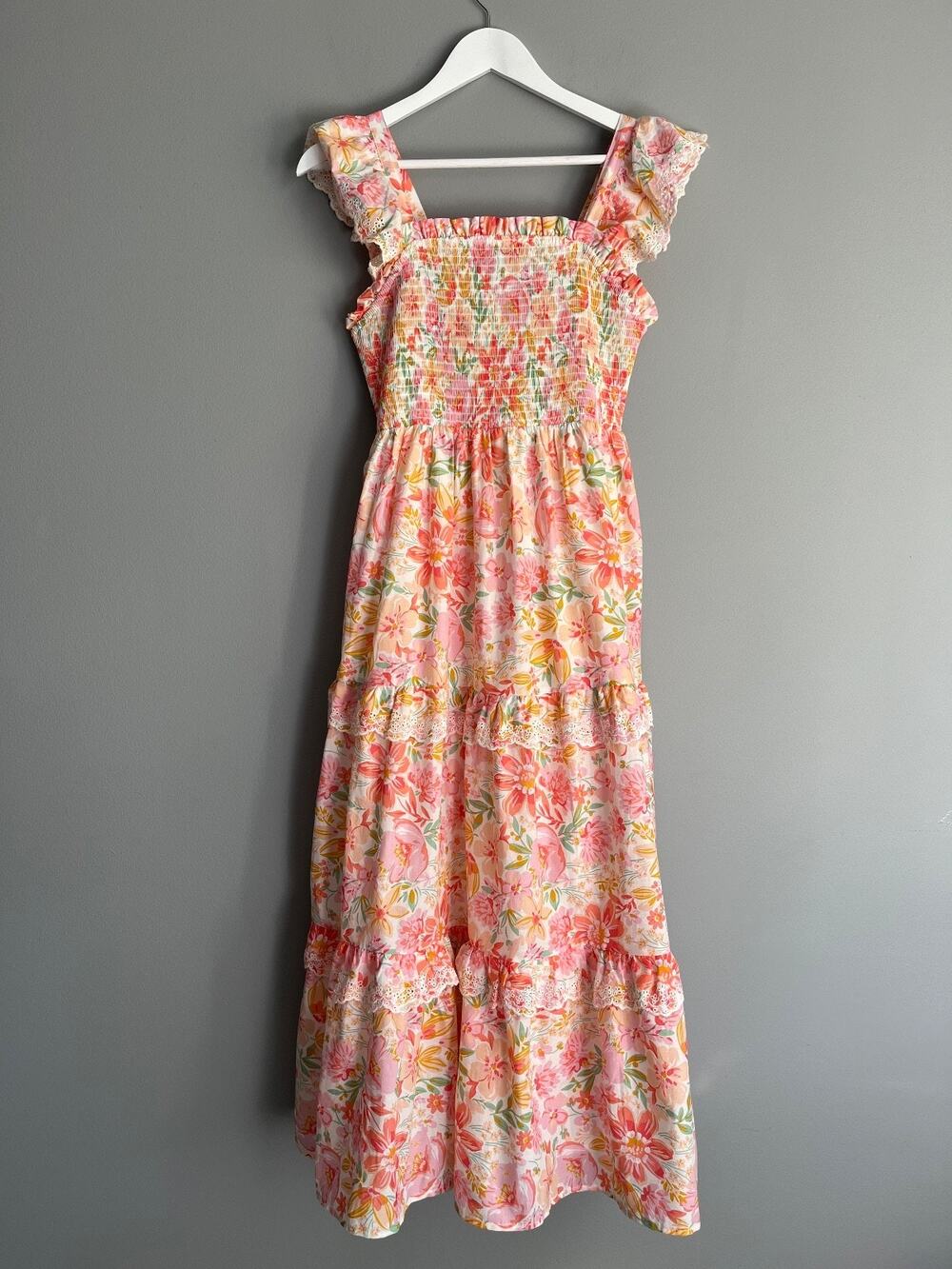 Haute Hippie Style Women's Smocked Tiered Maxi Dress Floral 2 Cottagecore NWOT